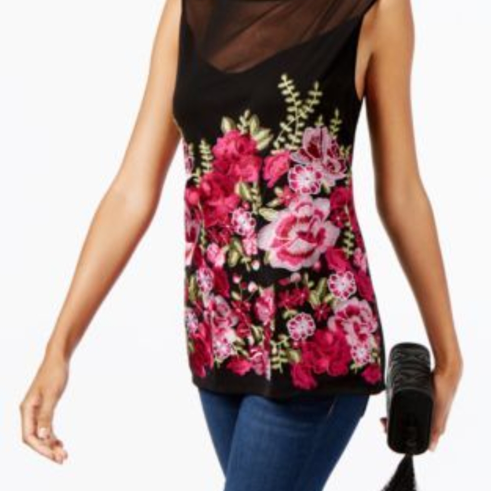 INC International Concepts Black Pink Graphic Embellished Tank Top